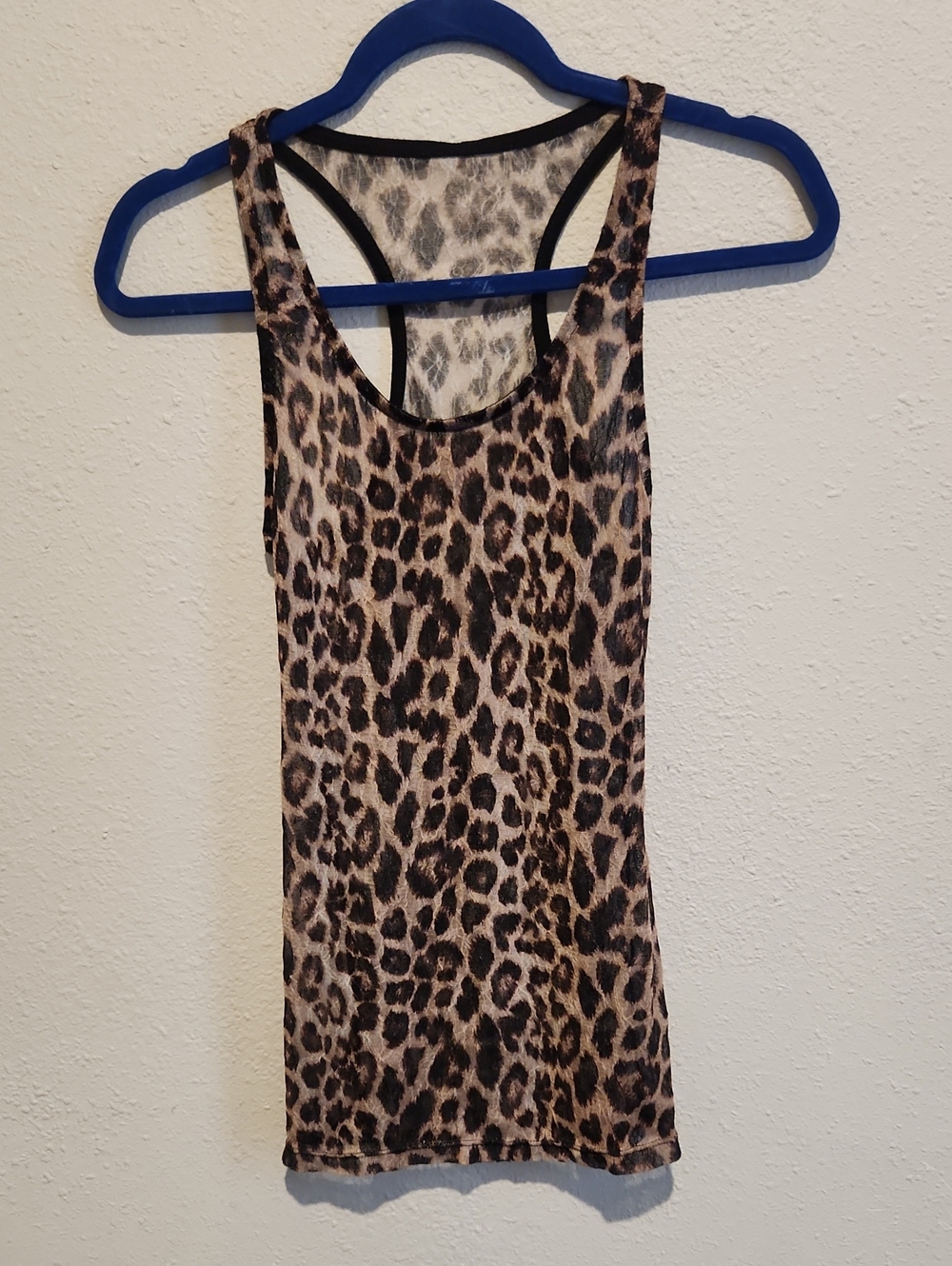 Leopard Print Sheer Mesh Racerback Tank Top Black Trim Animal Print M